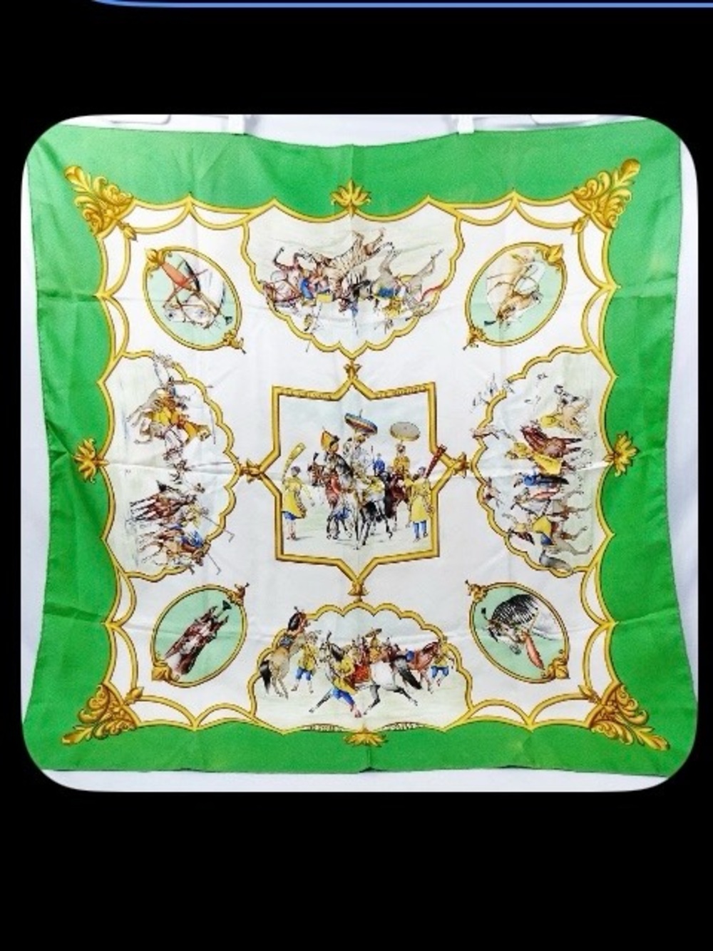 Hermes Scarf Silk Green White Equestrian Design 86 90 cm - Picture 12 of 12